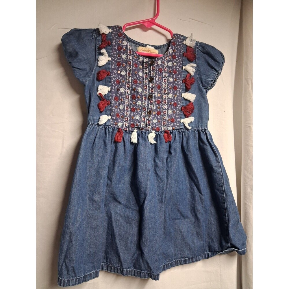 Sweet Magnolia Girls Boho Blue Embroidered Denim Tassel Smock Dress 3T